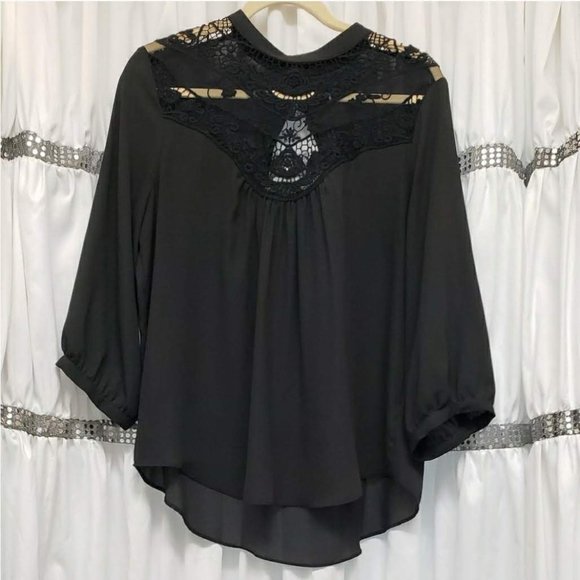 by&by Tops - By&By Black Lace High Neck Semi Sheer Button Neck